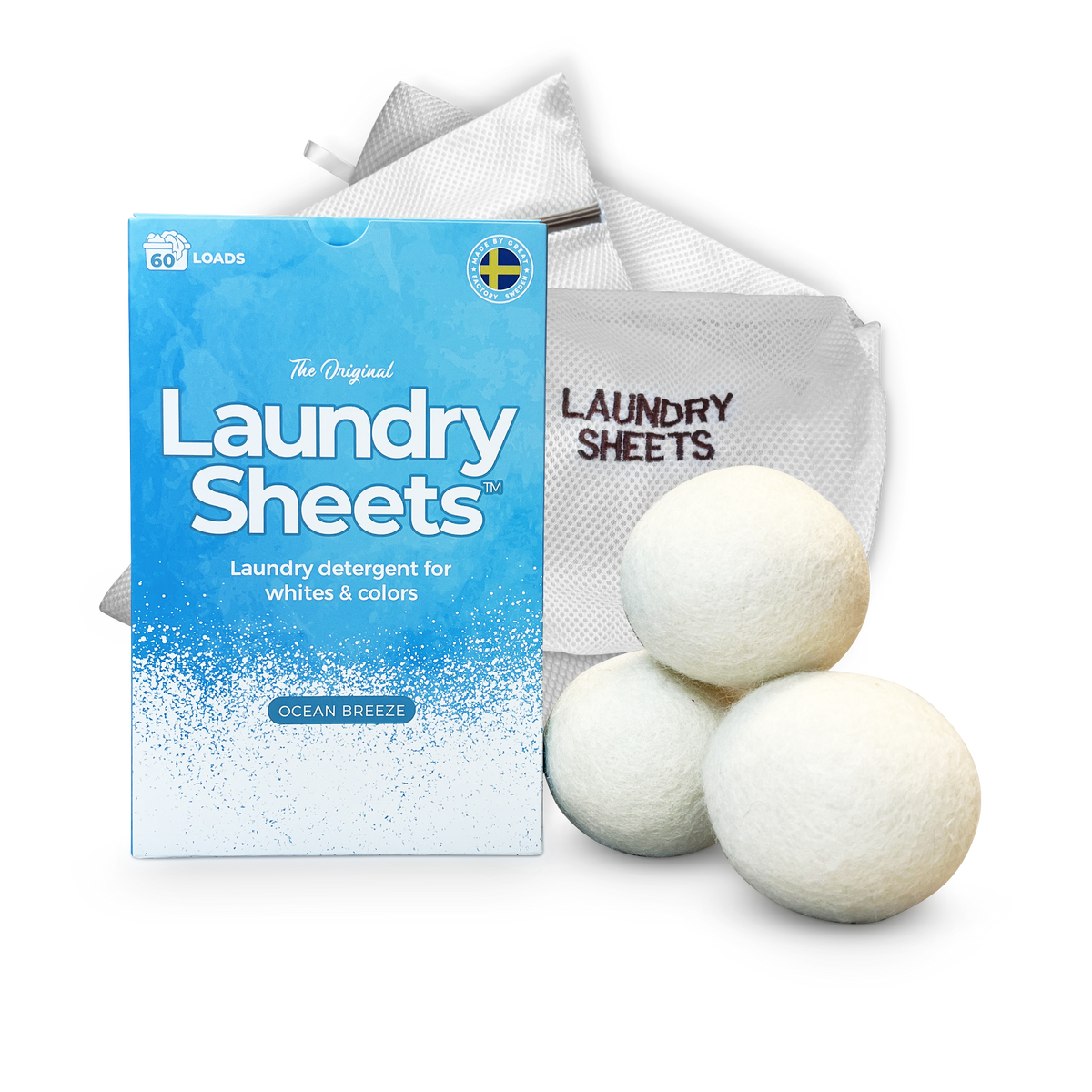 Laundry Sheets Ocean Breeze, Wool Dryer Balls & Mesh Laundry Bag